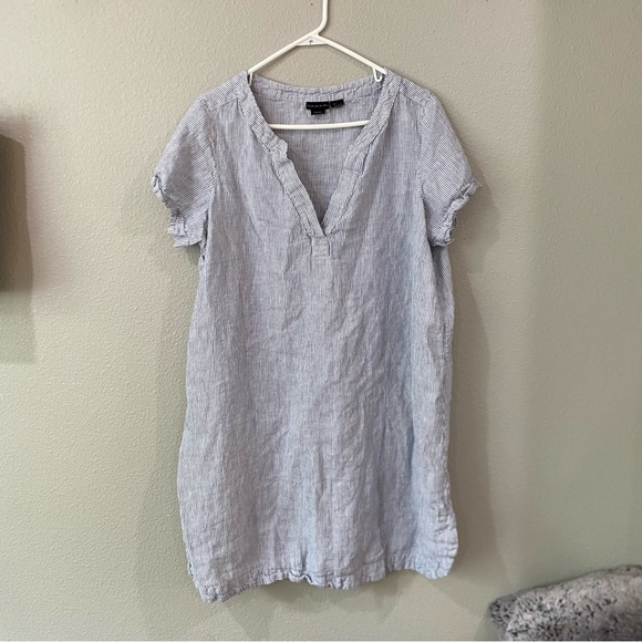 Tahari 100% Linen Blue White Striped Tunic Dress V Neck Short Sleeve Women’s 1X - Picture 1 of 6